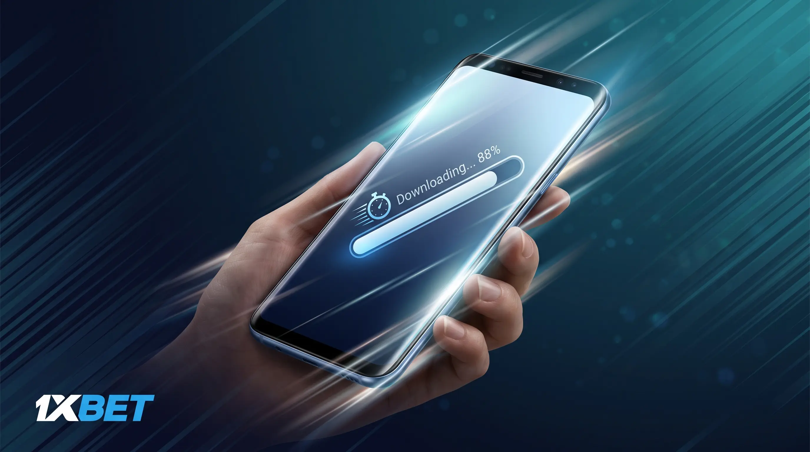 Smartphone with a fast-loading progress bar, illustrating the quick 1xbet apk download and install.