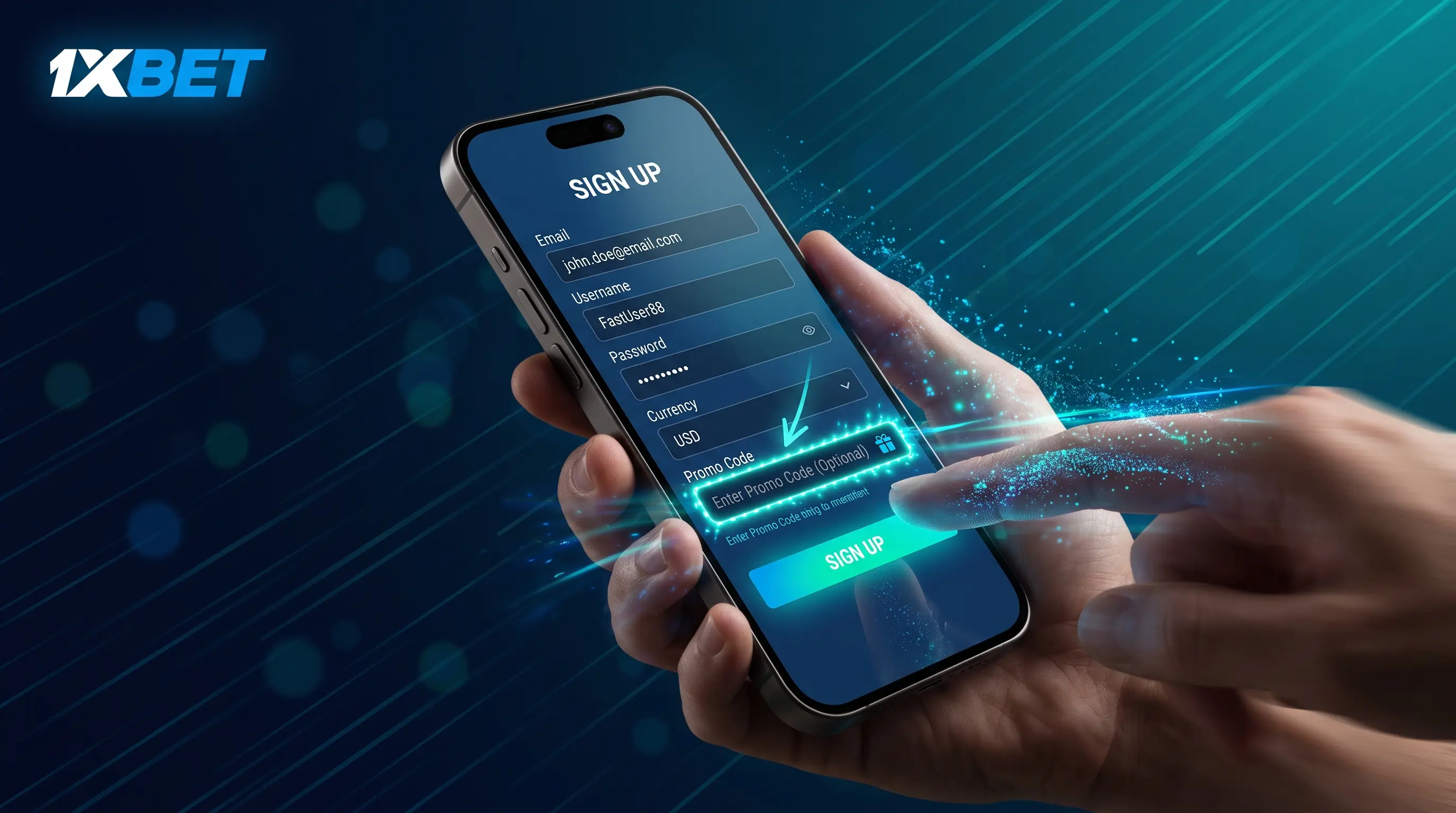 Smartphone screen mid-tap on a promo field, illustrating how to find a 1xbet promo code today.