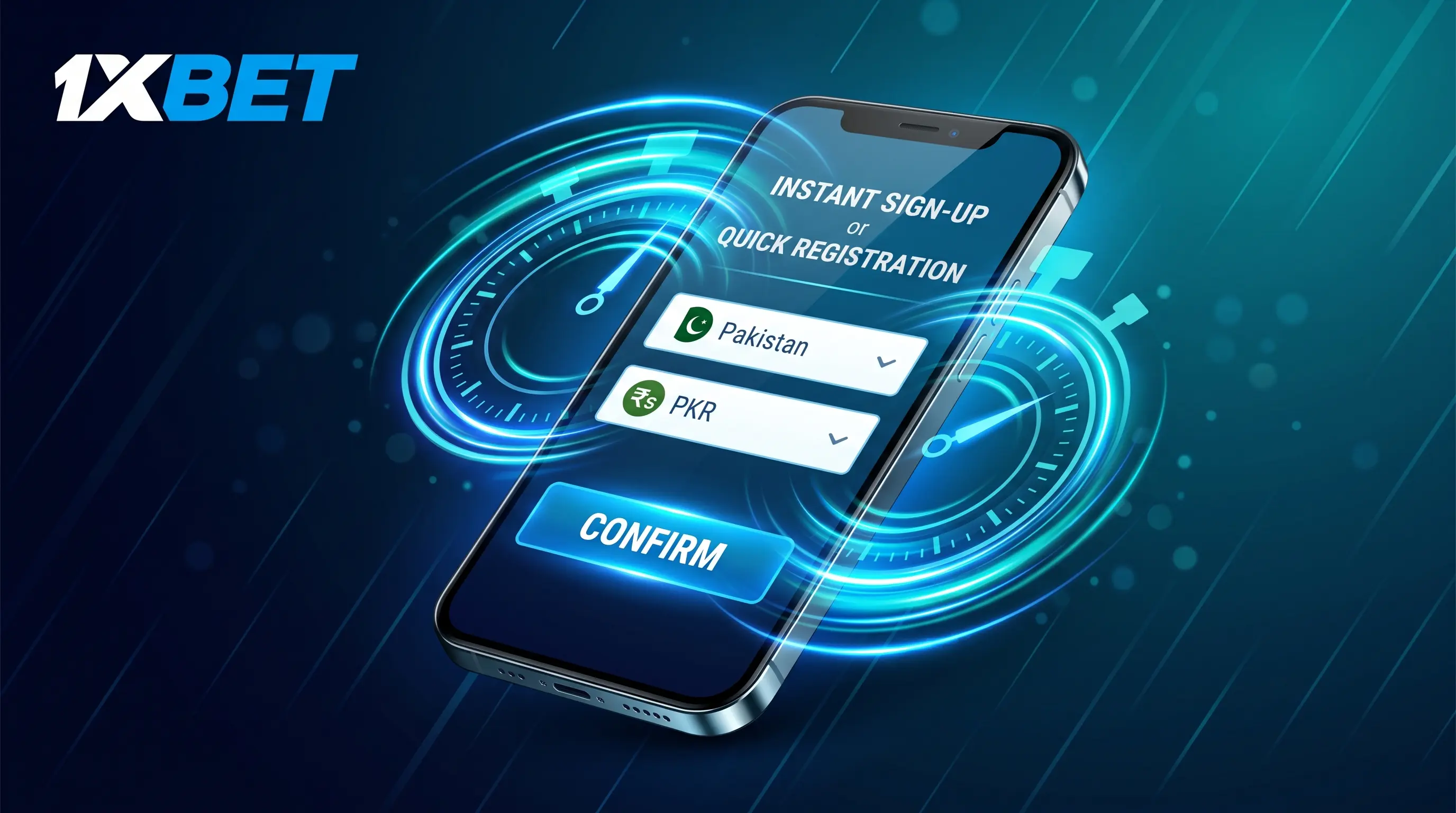 Smartphone screen with a stopwatch motif, illustrating the fastest way to 1xbet register an account.